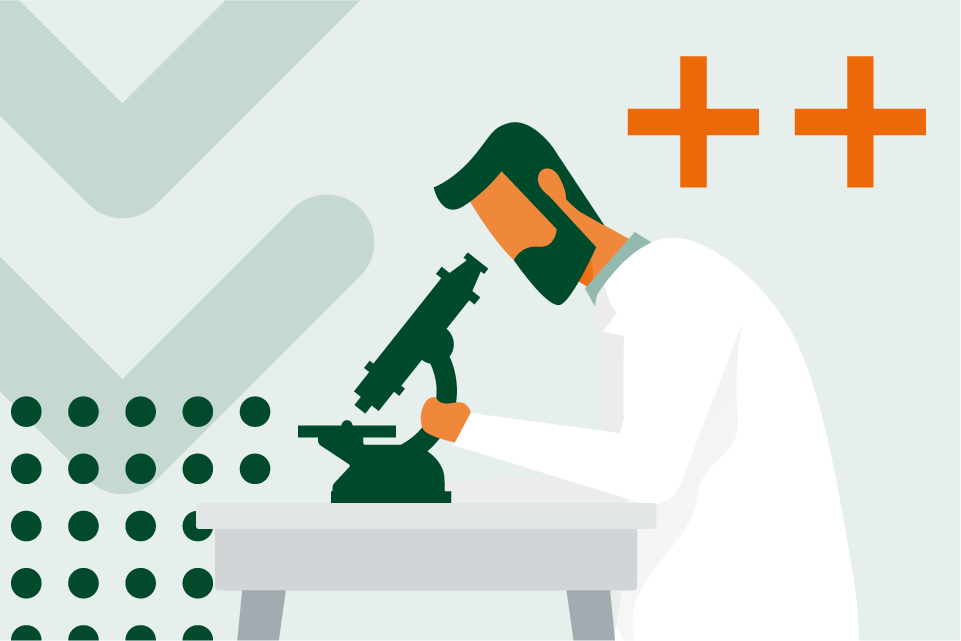 Illustrative artwork featuring researcher and microscope