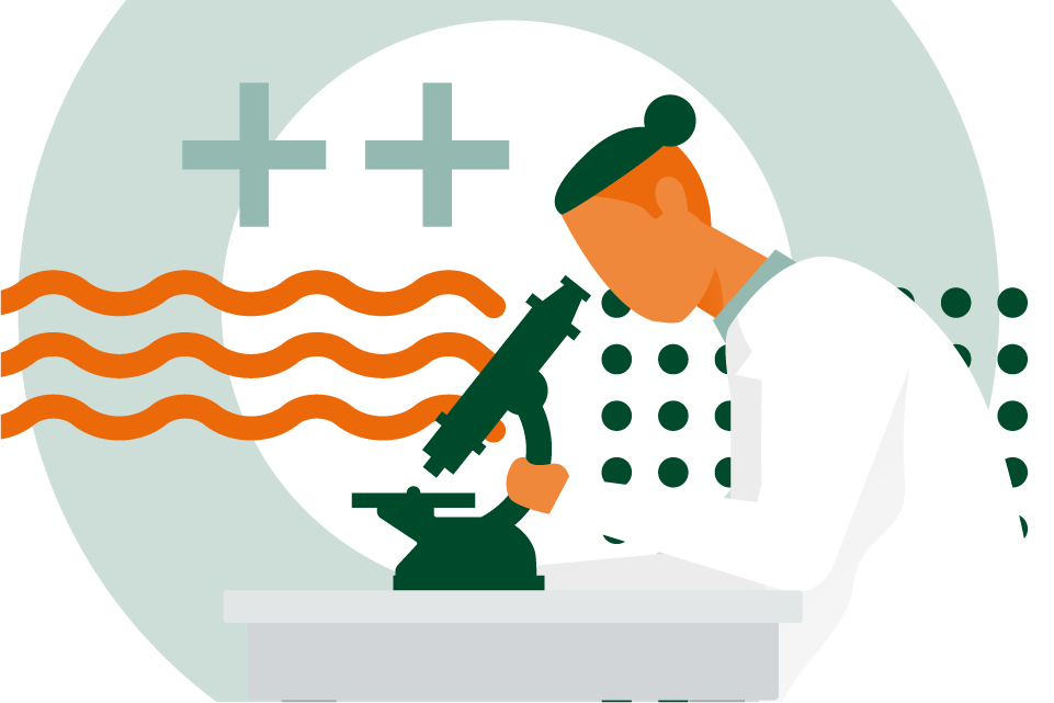 Colorful illustration of researcher and microscope