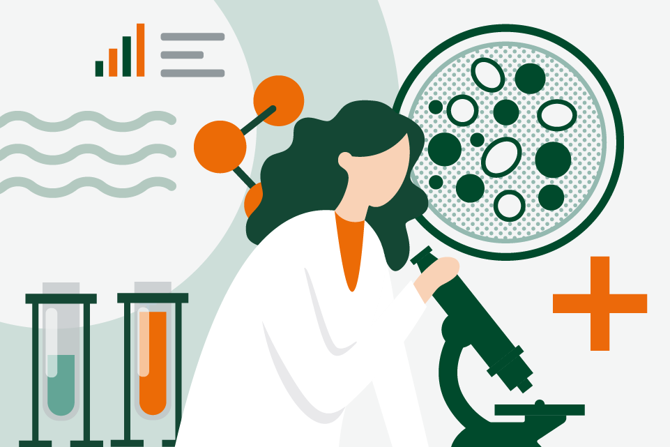 colorful illustration of woman scientist looking into microscope