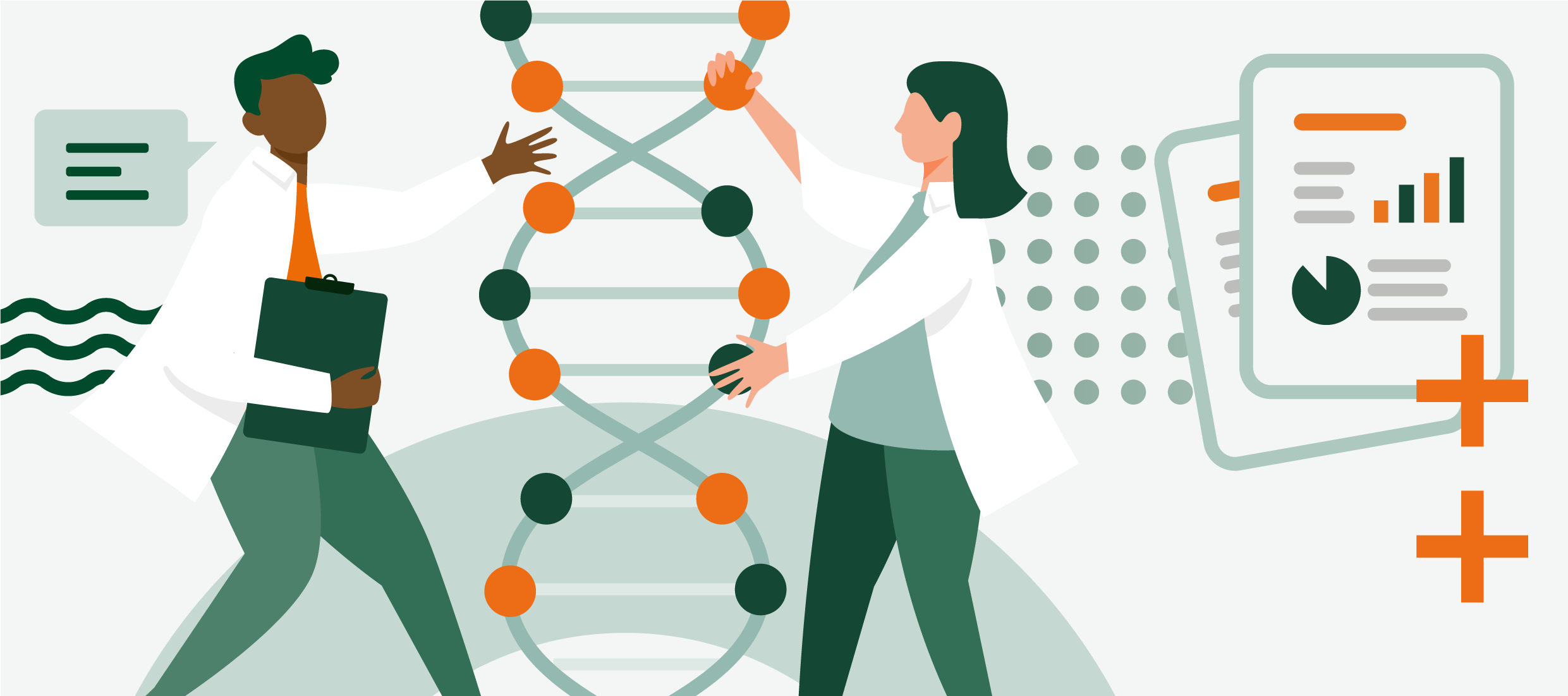 Colorful illustration of researchers with dna strand