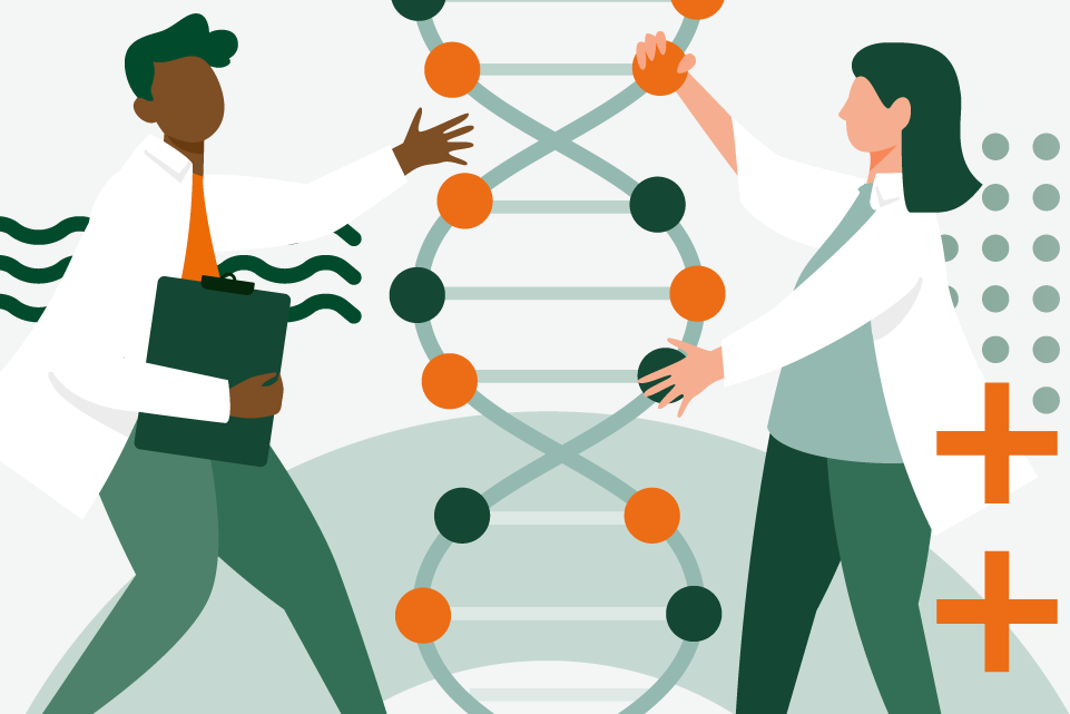 Colorful illustration of researchers with dna strand